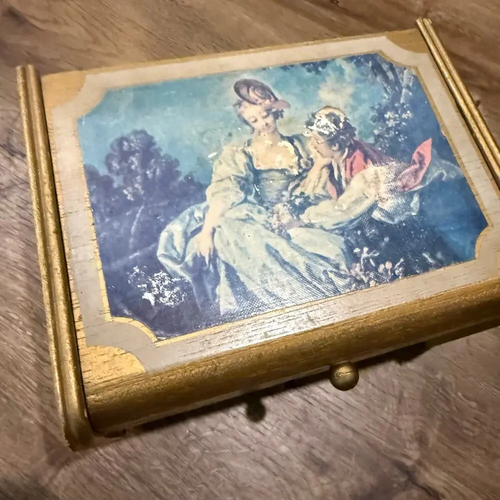 Vtg Wood Velvet Lined Music Jewelry Box Japan Gold Florentine Style Woman Print